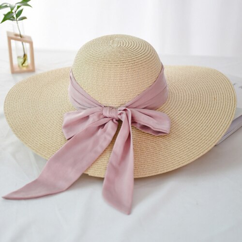 Ht2259 panama damer hatte strand stor bånd sløjfe stor bred skygge hat kvinder sommer pakkes floppy strand sol hat halm