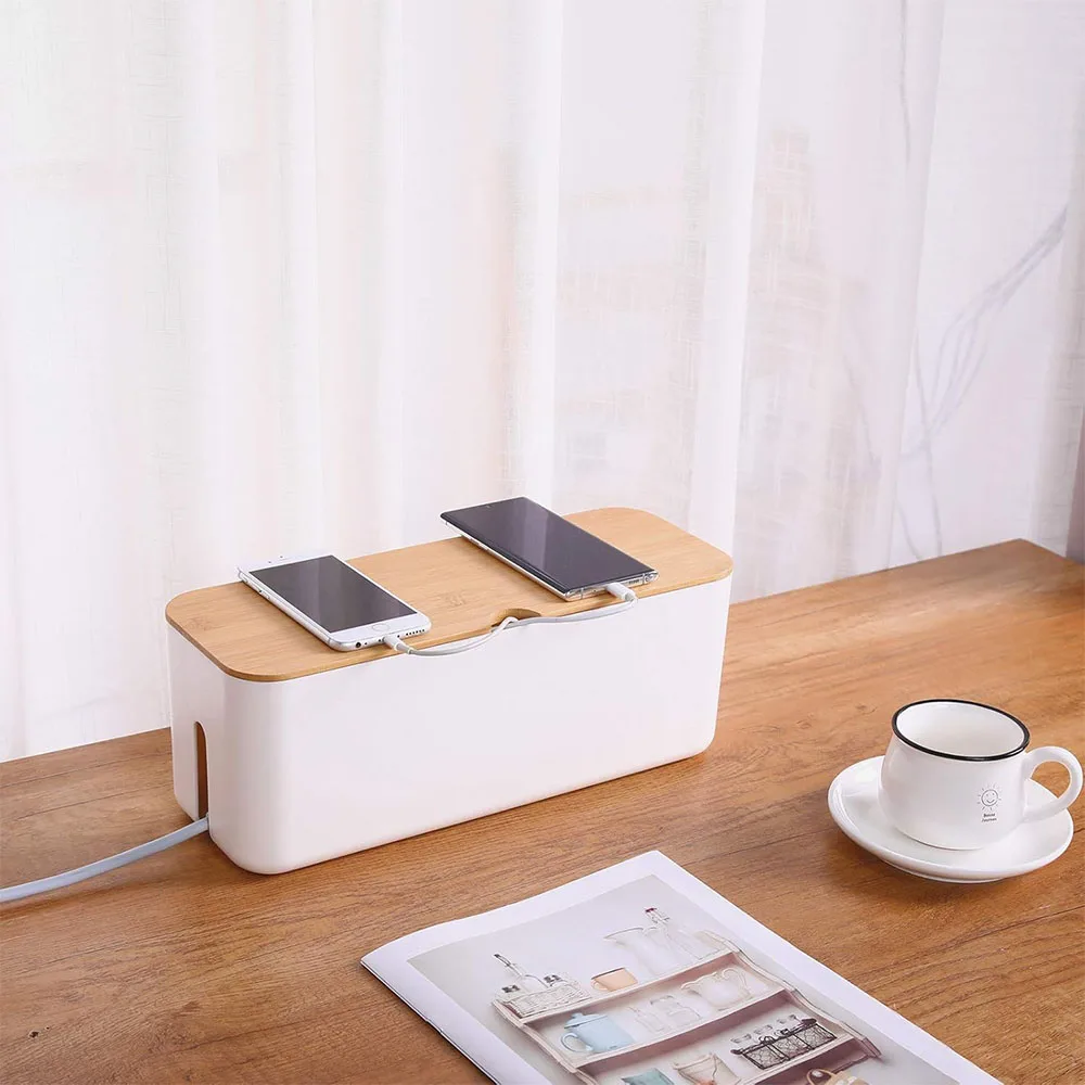 Caja de gestión de cables, caja de almacenamiento de tablero de conexiones de cables con cubierta de bambú, ocultar cables y regletas eléctricas, caja organizadora de cables para computadora de escritorio