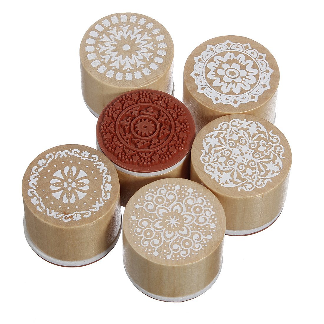 6 Assorted Wooden Rubber Stamp Round Handwriting Floral Flower Craft