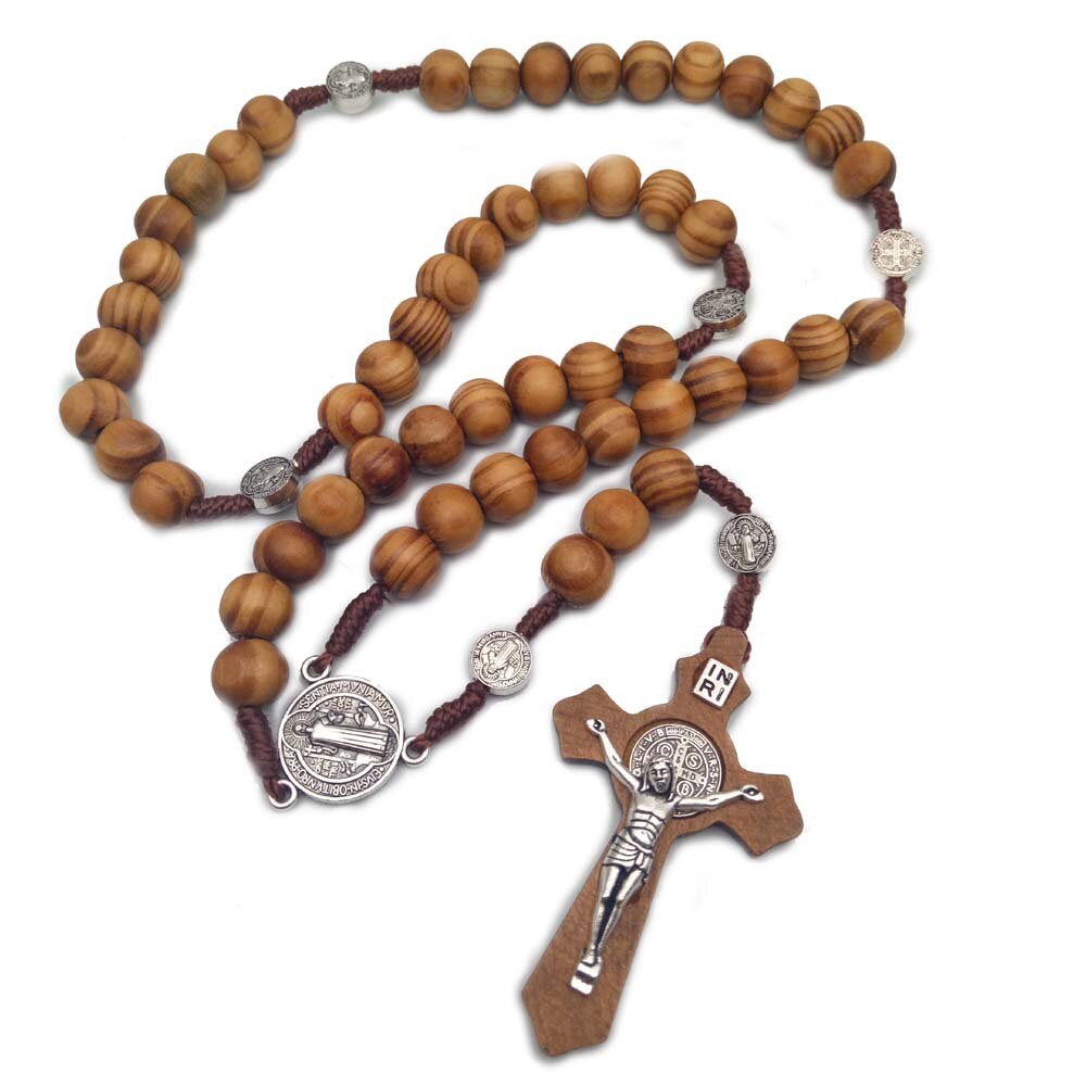 Katholieke Christelijke Oude Bronzen Retro Cross Sieraden Rozenkrans Ketting Kruisbeeld Houten Jesus Cross Hout