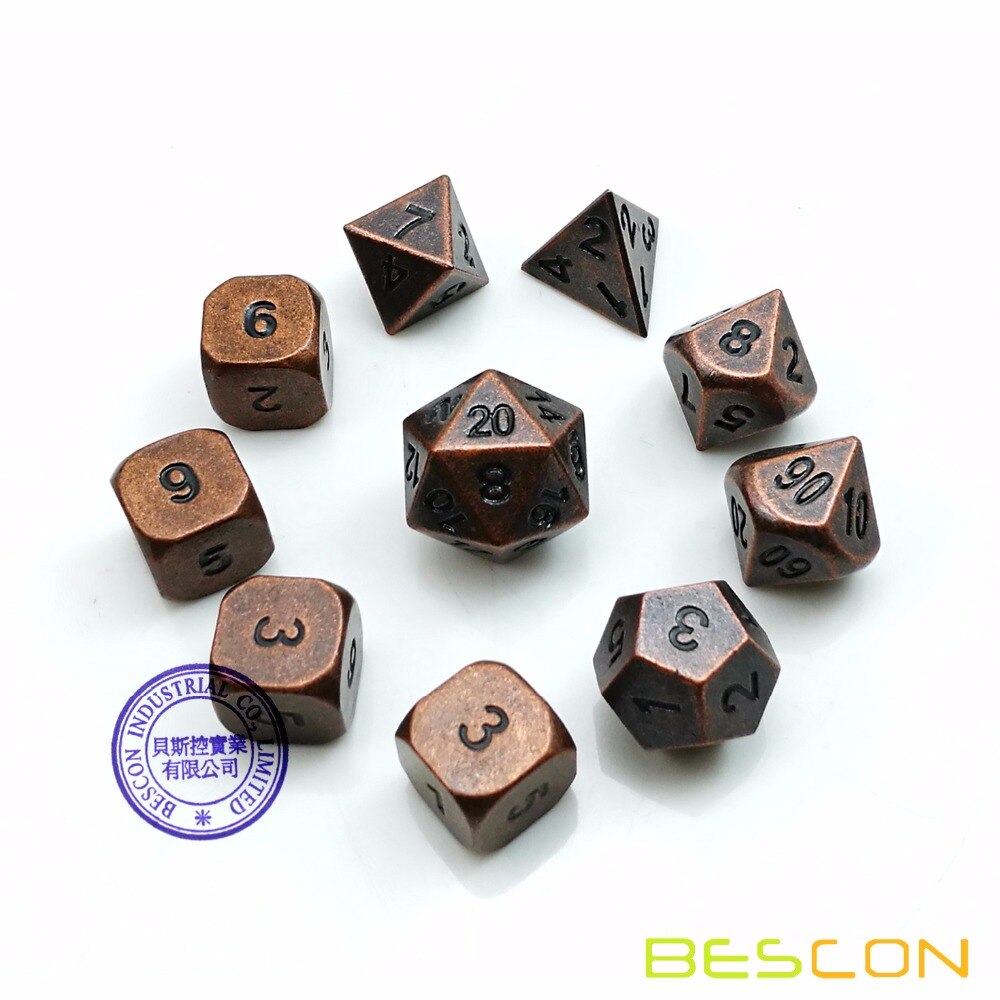 Bescon 10 Stuks Set Antieke Koperen Solide Metalen Polyhedral D & D Dobbelstenen Set, oude Koperen Metalen Rpg Rol Playing Game Dobbelstenen 7 + 3 Extra D6s'