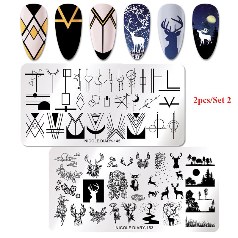 2Pcs Nicole Dagboek Nail Stempelen Platen Lente Bloem Rechthoek Rvs Nail Image Stencils Stempelen Template Tool: 2pcs set 2