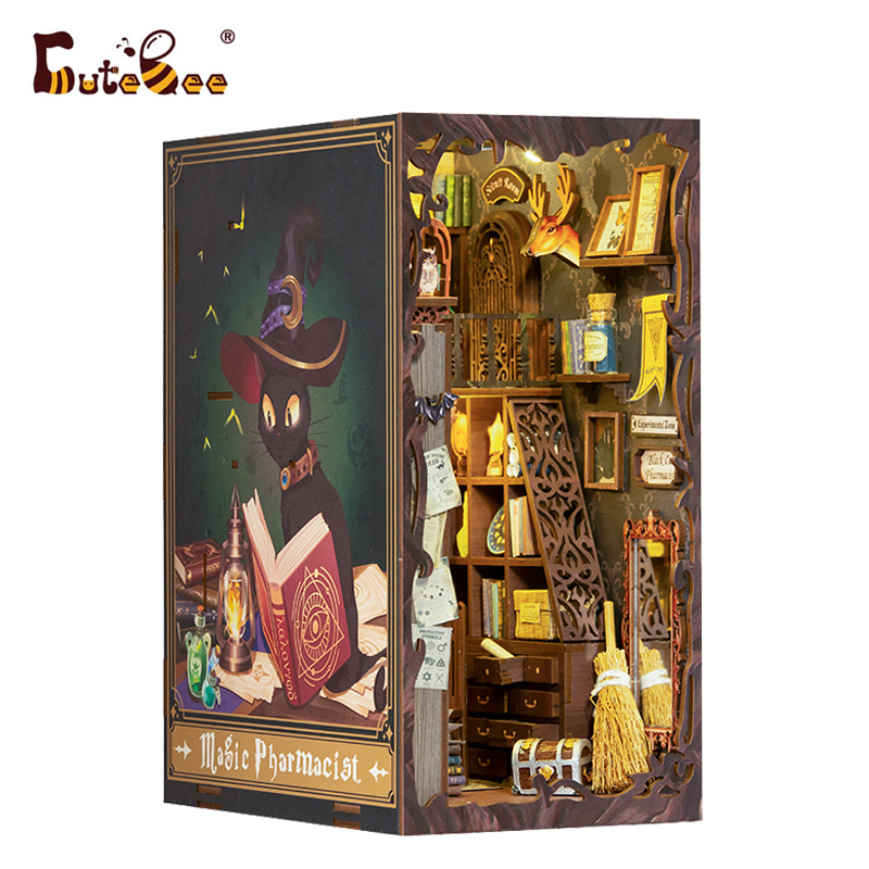 CUTEBEE Puzzle 3D DIY Book Nook Kit Wooden Bookend with Touch Light Secret Rhythm Music Booknook Building Decoration Model