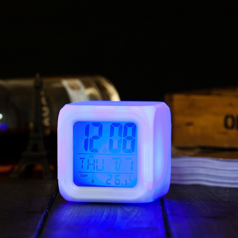 7 Colors Changing LED Alarm Clock Digital Desk Gadget Digital Alarm Thermometer Night Glowing Cube Home Led Clock