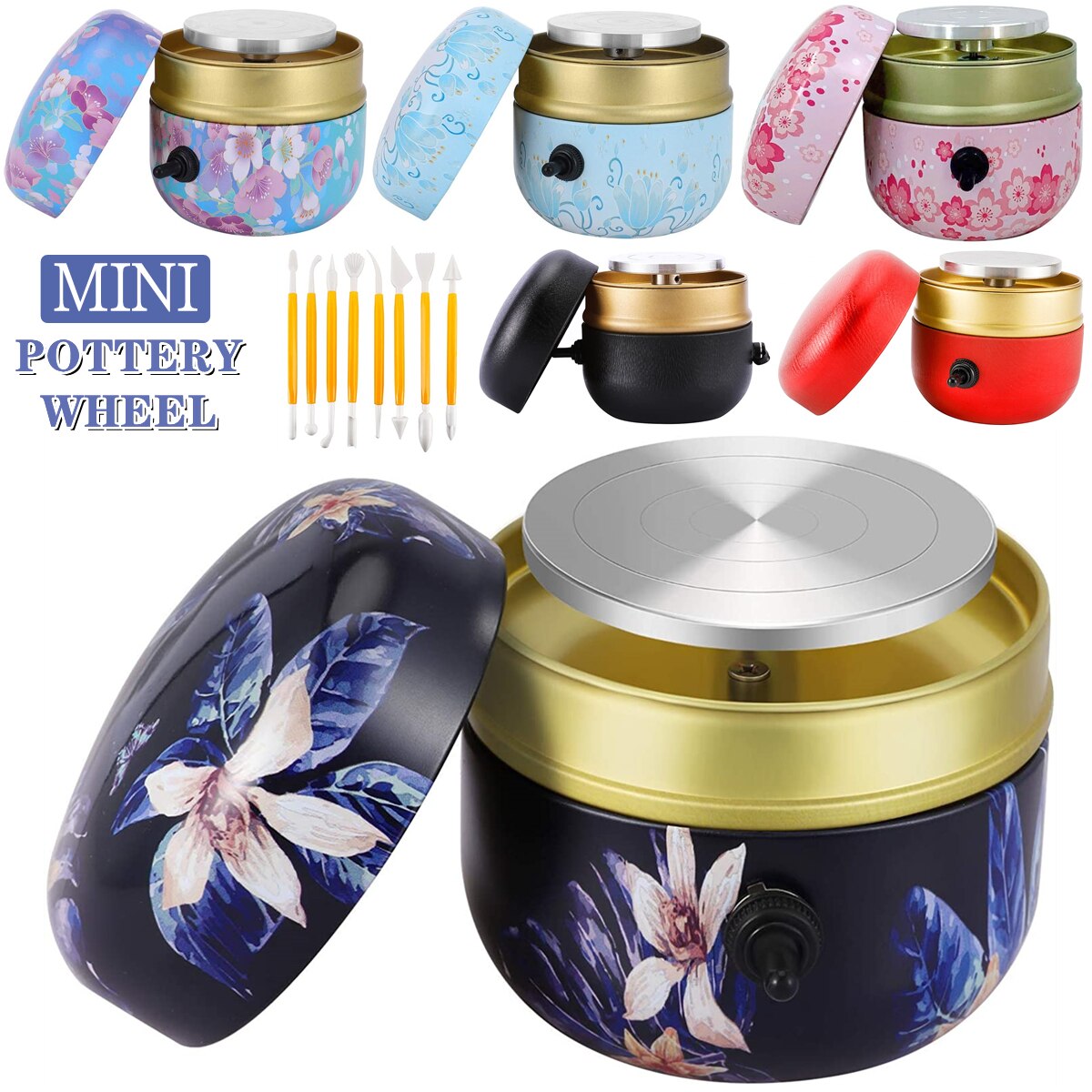 Mini Electric Pottery Wheel with Tray+Sculpting Kit, Pottery Forming Machine for Ceramic Clay Tools Art Crafts Pottery Turntable