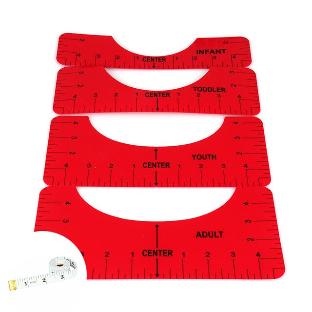 5 stk/sæt t-shirt lineal guide til påføring og sublimering guide stof t-shirt måle lineal gør-det-selv-udkast-værktøj skabelon: Rød 5 stk