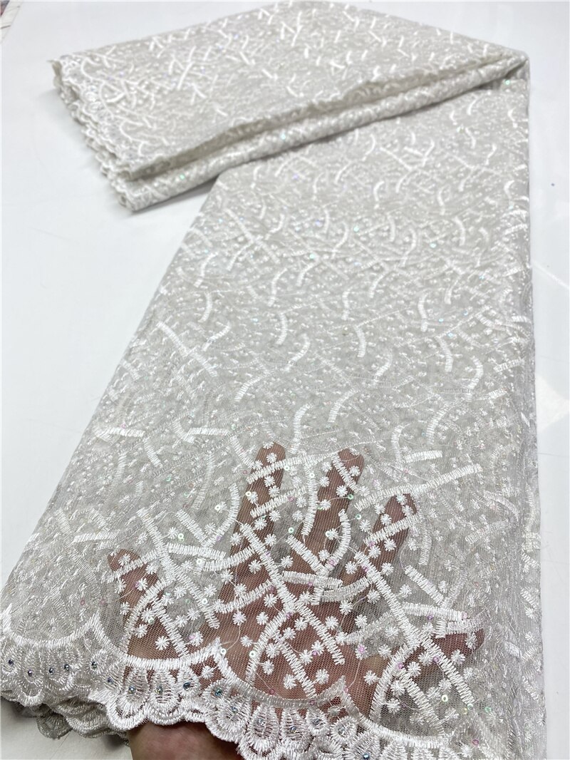 Tessuto di pizzo con paillettes bianco africano 2020 tessuto di pizzo Tulle francese di alta qualità tessuto di pizzo nigeriano per YA3634B-1 da sposa: immagine 1