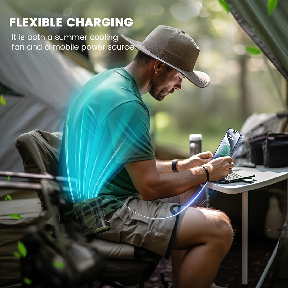 Ventilador de cintura portátil de 10000mAh con banco de energía, iluminación LED, ventilador de cuello colgante, ventilador de refrigeración de flujo de aire fuerte de 5 velocidades para trabajo al aire libre
