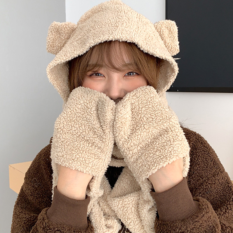 Korean Women Fluffy Plush Warm 3 In 1 Hooded Scarf Hat Gloves Set Cute Cartoon Cat Ears One-Piece Winter Windproof Earflap Cap