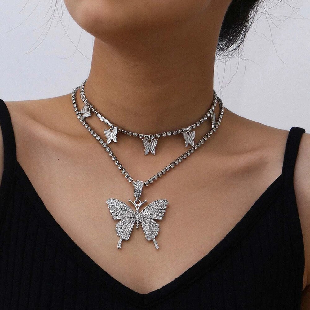 2Pcs Luxe Shiny Rhinestone Chain Choker Ketting Voor Vrouwen Kristallen Vlinder Hanger Ketting Hip Hop Party Sieraden