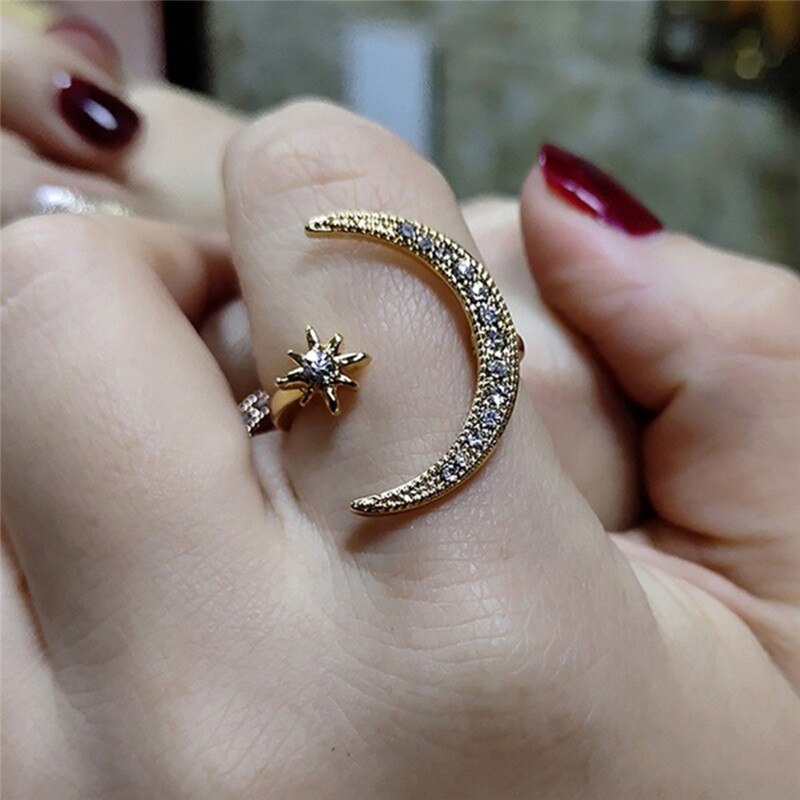 Skinnende ring halvmåne & lille stjerne blændende justerbar åben fingerring ringe i enkel stil til kvinder