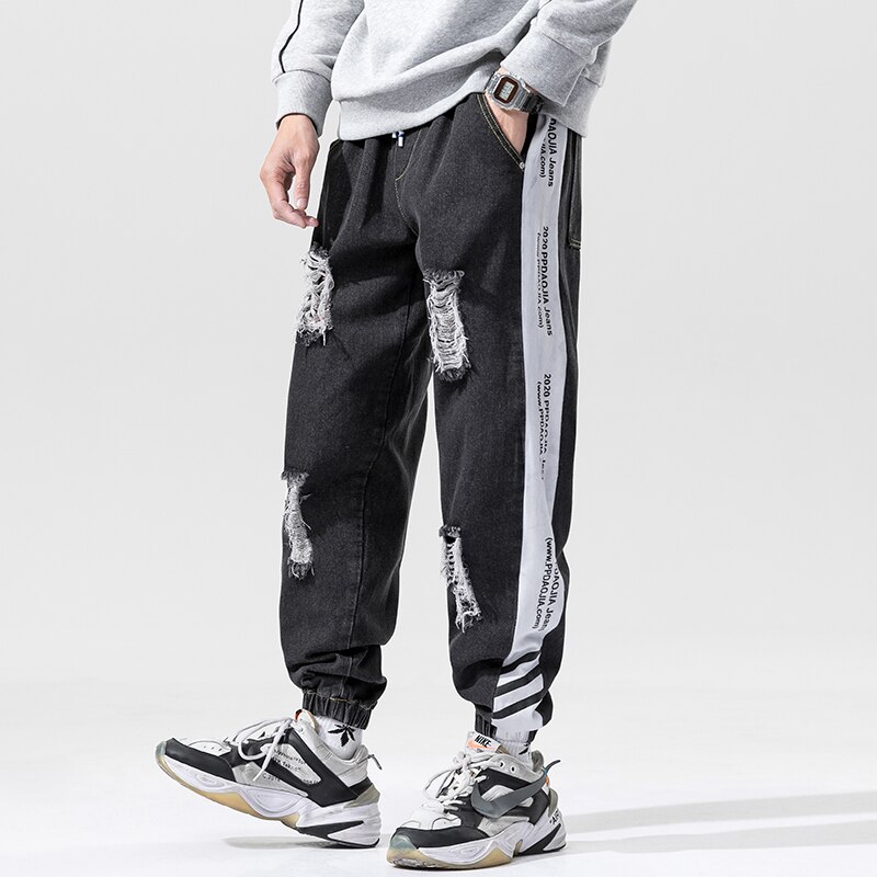 Herre ripped jeans bukser smukt tryk patchwork stribe huller punk streetwear jeans mænd denim bukser plus str. 5xl