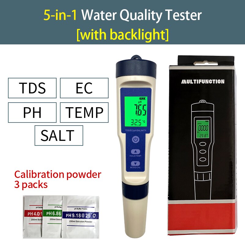 5 in 1 Water Detection Tester PH/TDS/EC/Temp/Salinity Meter PH Meter Tester TDS Pen for Drinking Water With Backlight: 5 in 1 with backlit