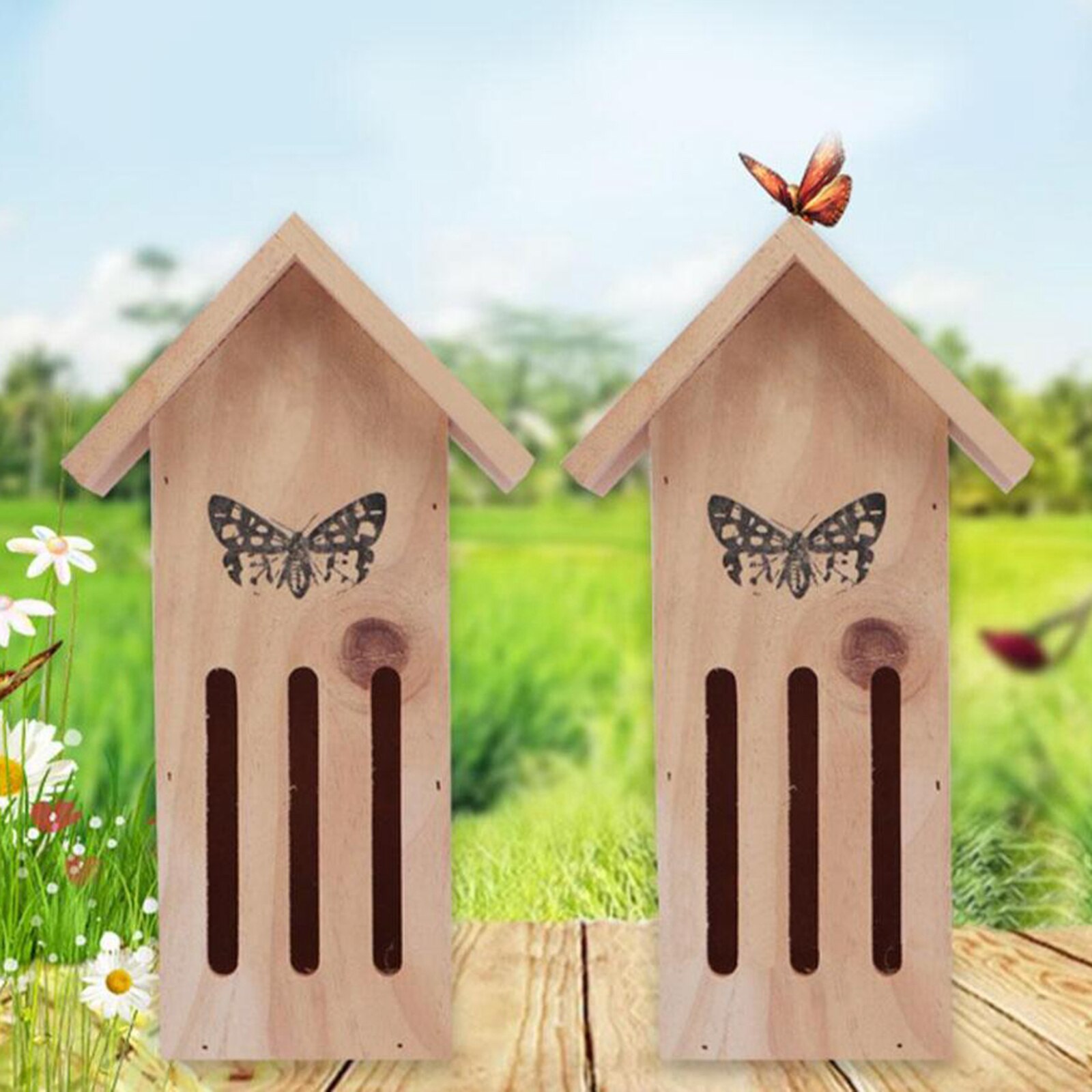 Attractive Natural Wooden Butterfly House Hotel Waterproof Haven Garden Shelter Resting Place for Butterflies Solitary Yard