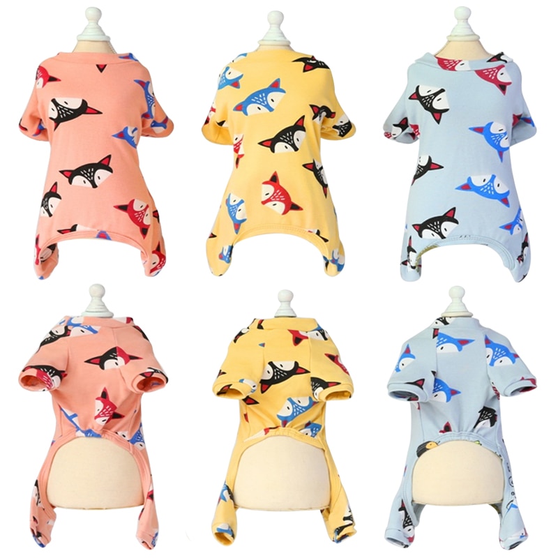 Söt katt pyjamas husdjurskläder för små hundar pyjamas valp jumpsuit för medelstora hundar sovkläder rävtryck skjorta chihuahua kappa