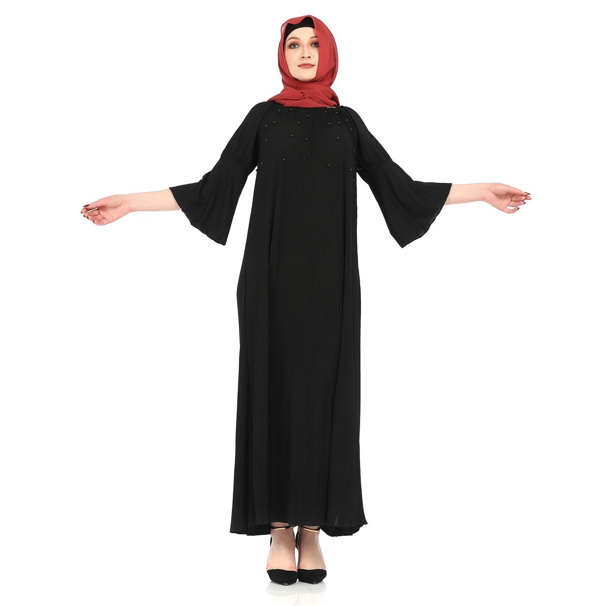 Blauw Zwart Kaki Maroon 142cm Lange Abaya Gebreide Elastische Materiaal Moslim Jurk: Black / XL