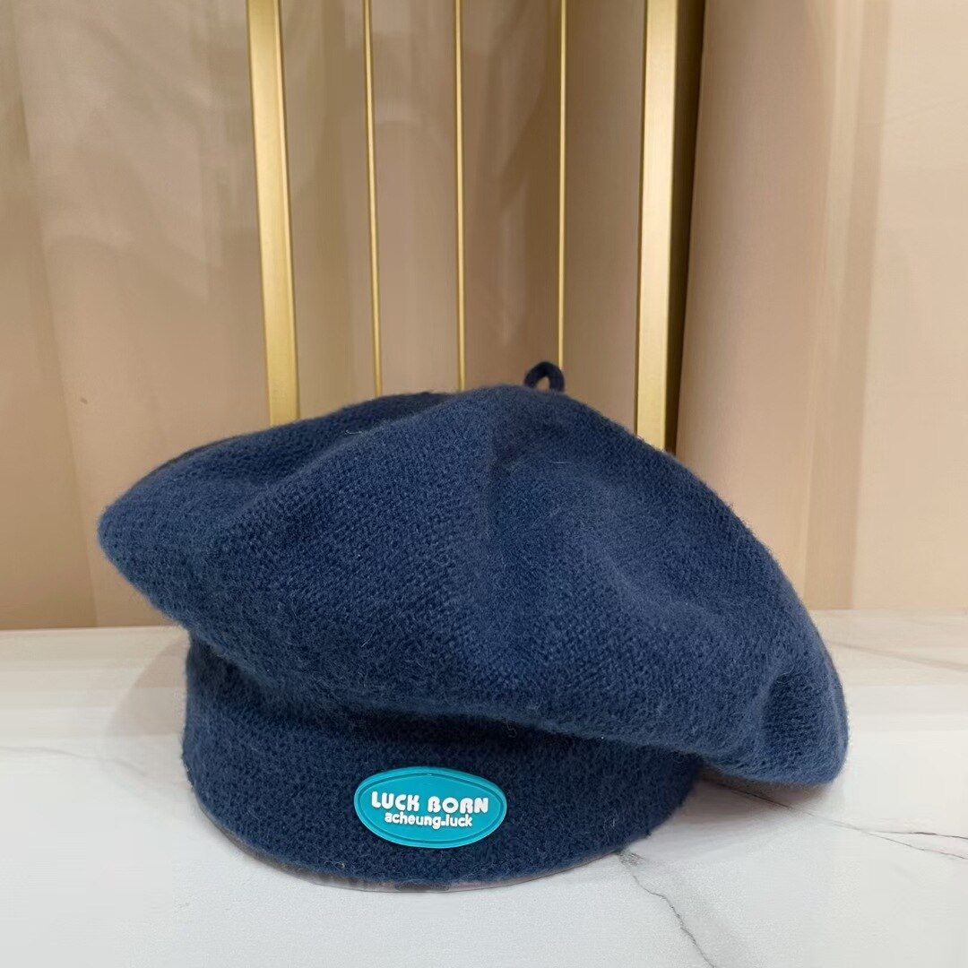 Béret tricoté avec écusson jaune Ins pour femme, chapeau de peintre japonais octogonal, rétro, , nuage, automne et hiver: Navy