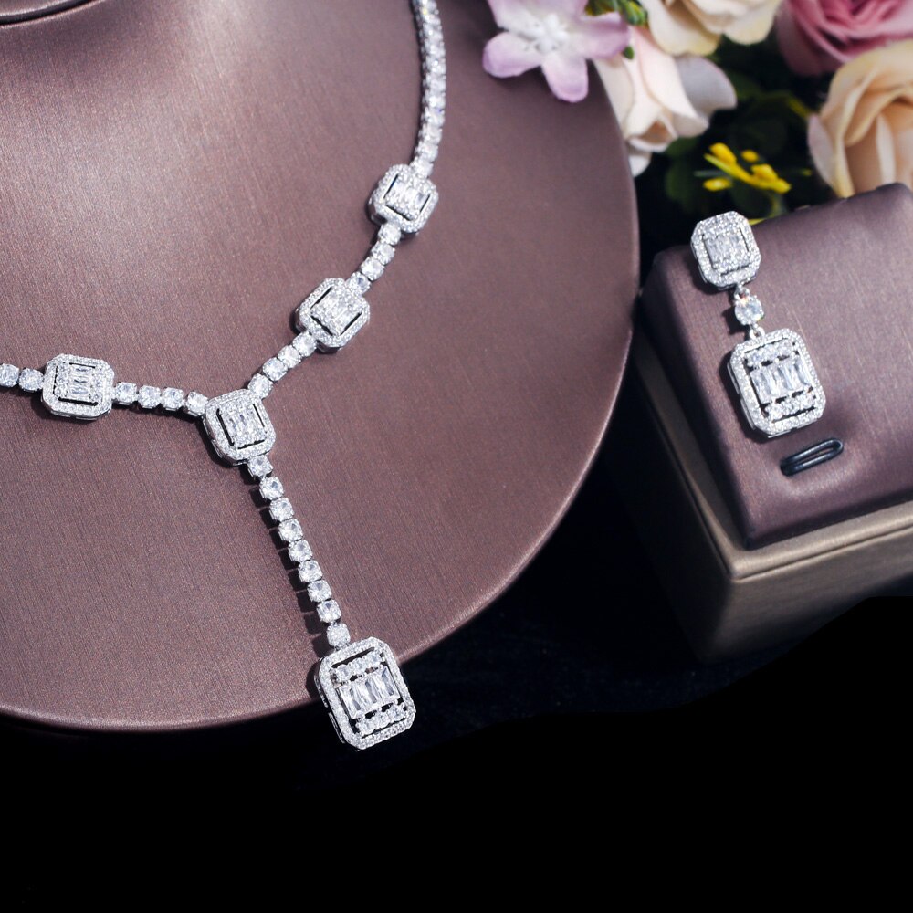 Cwwzircons Afrikaanse Baguette Cz Pave Dangle Ketting Oorbellen Bridal Bruiloft Zirconia Sieraden Set Voor Vrouwen T612