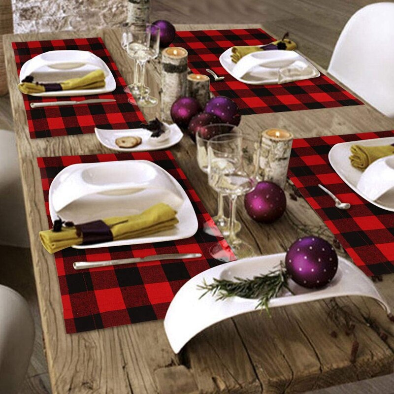 6Pcs Buffalo Plaid Placemats Rood En Zwart Buffalo Check Placemats, Omkeerbare Katoen Jute Kerst Placemats Voor Chr