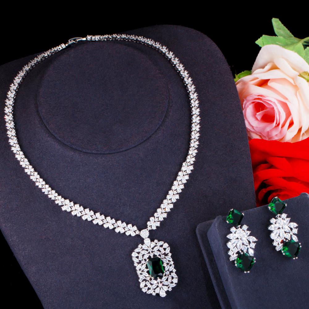 Pera Vintage Shiny Red CZ Kristall Große Blume Ohrringe und Halskette Luxus Hochzeit Schmuck Sets für Frauen Zubehör J402: Green