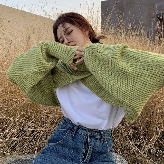 Irregular Turtleneck Shrugs Women Sweaters Loose Autumn Knitwear Bolero Jumpers Leisure Korean Chic Warm Tender: green shrug / M