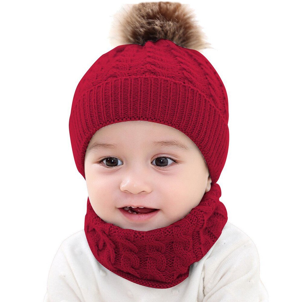 2pcs Baby Hat Scarf Suit Autumn Winter Knitteed Kids Hat Scarf Set Cotton Girls And Boys Hats Neck Children Scarf R2: Red 