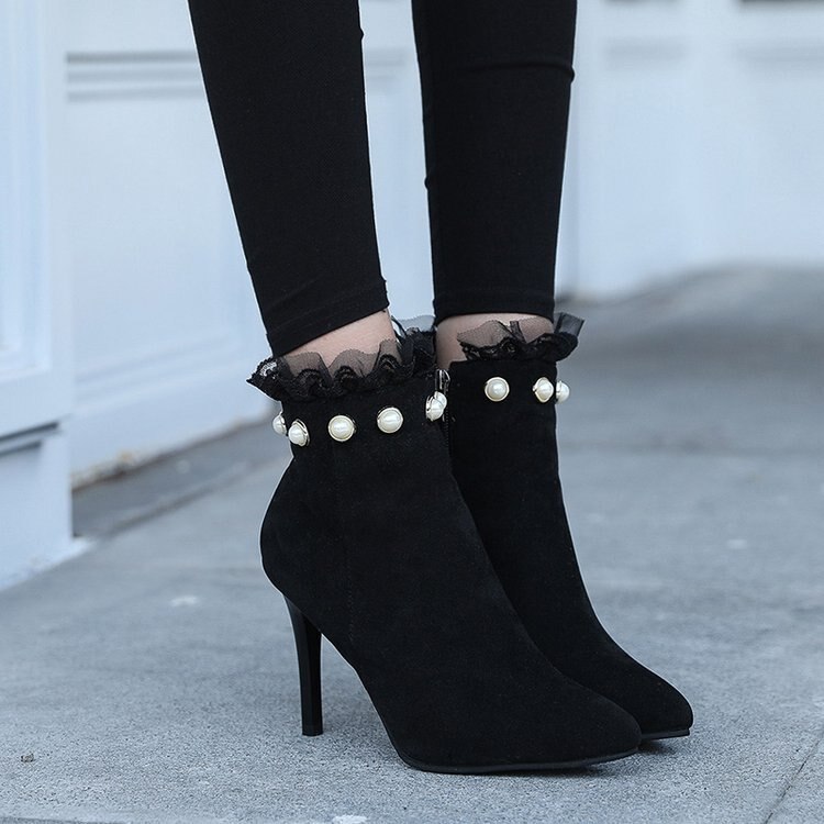 Perle retourné dentelle mi-mollet bottes pour femmes bout pointu automne bottes haute fermeture éclair talons minces hiver dames chaussures