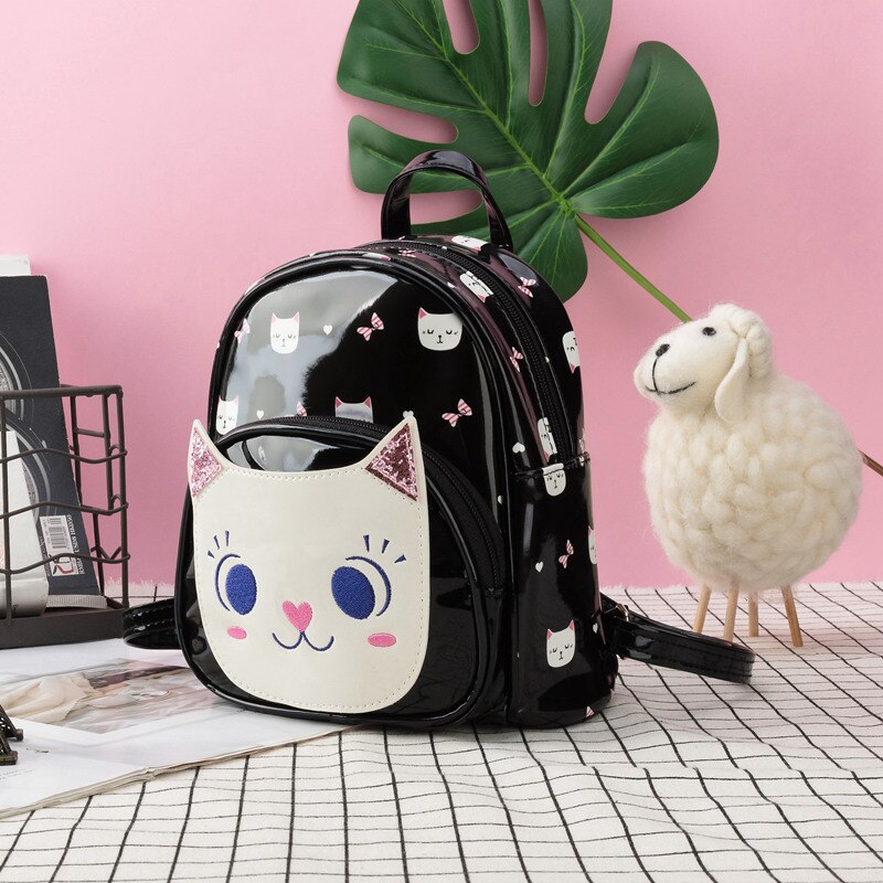 Heopono-petit sac à dos marqué en cuir PU pour enfants, garçons et filles, sac à dos pour enfants, motif chat mignon de dessin animé, pour garçons et filles: Black