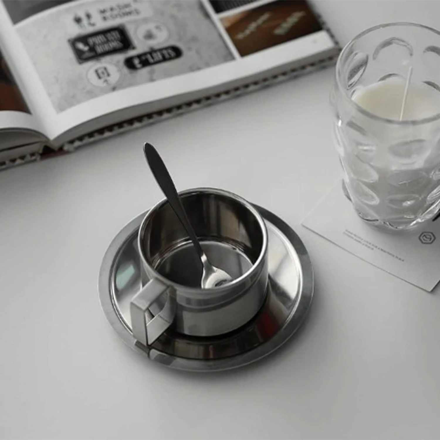 Taza de té y café de acero inoxidable para el hogar, con platillo, cuchara, doble pared, bebidas frías y calientes, tazas térmicas, Latte, capuchino, juego de tazas de leche