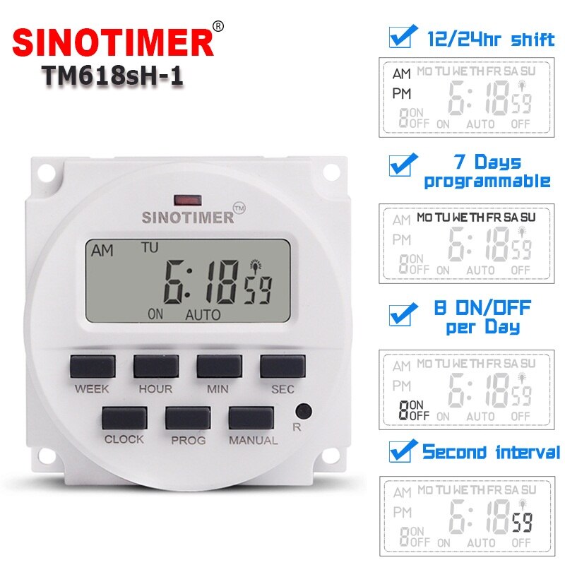1 sekunds intervall 110 vac 7 dager ukentlig programmerbar digital elektronisk lampe timerbryter: Tm618sh-1 120v timer
