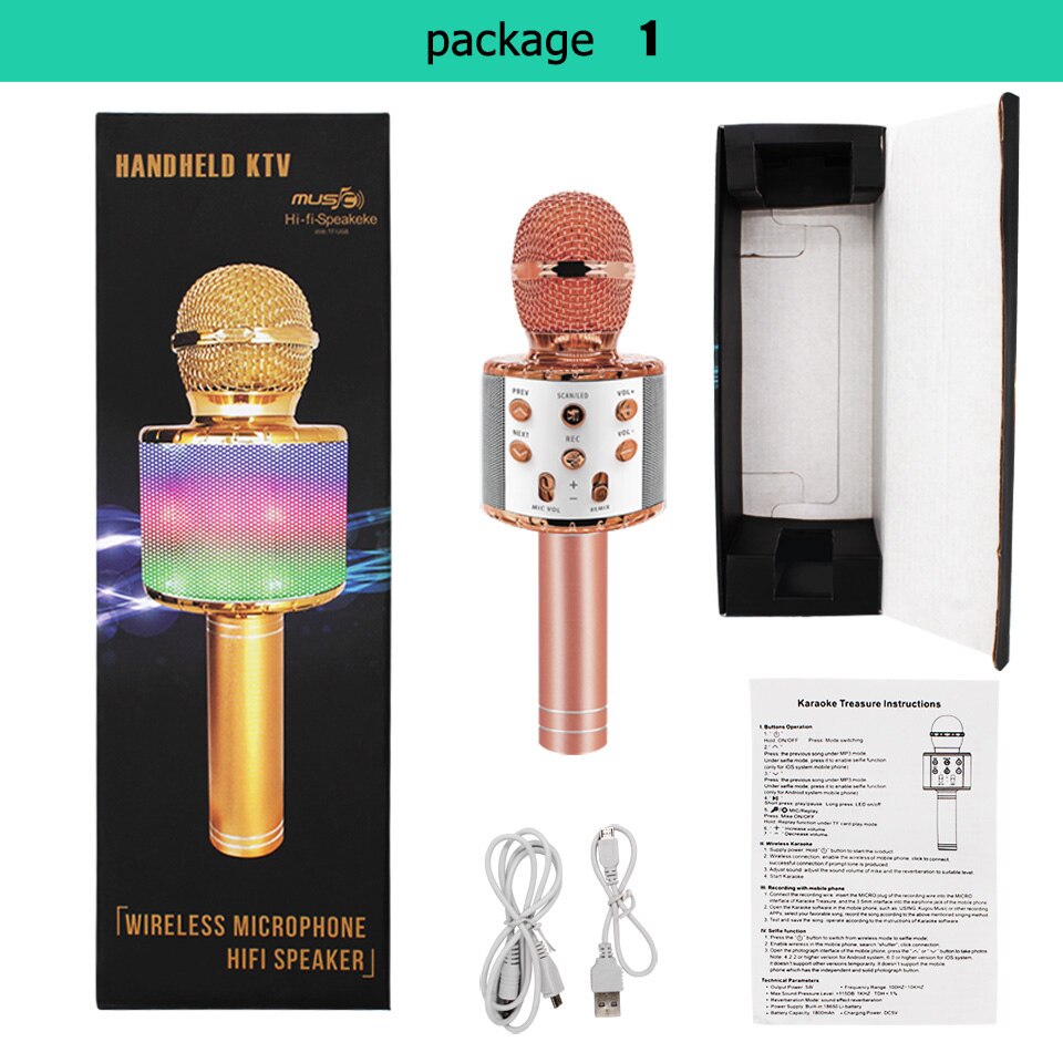 Ws858 L Wireless Karaoke Microphone Bluetooth Speaker Led Light Handheld Sing & Recording Portable KTV For IOS/Android Phone: Rose-colorcarton