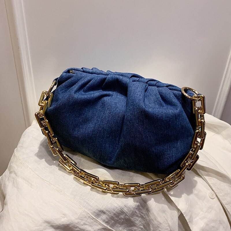 Ruwe ketting dames handtassen cowboy blauwe bao denim vrouwelijke cloud crossbody tassen vouwbare dames schoudertassen