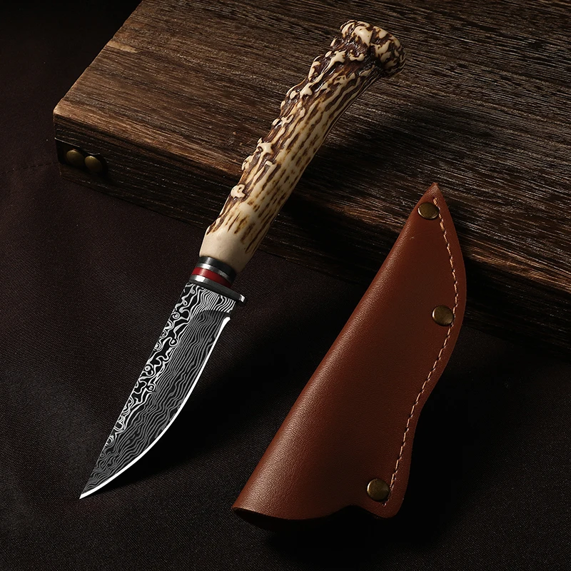 Cuchillo para cortar carne de acero damasco, cuchillo de cocina multifuncional de estilo primitivo, cuchillo afilado para deshuesar para carne, fruta y más: Blanco