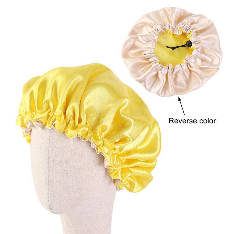 Adjustable Baby Hair Caps Silky Satin Bonnet Double Layer Sleep Cap Night Turban Children Solid Headwear Cute Hat Hair Wear: Yellow