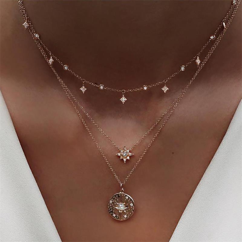 FNIO Boho Multi-layer Crystal Pendant Necklace Women Gold Necklace Vintage Multi-element Choker Necklace Jewelry: LNI1679