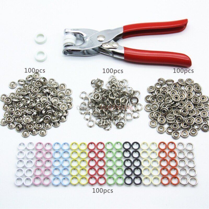 9.5mm 100 Sets 10 Kleuren Metalen Naaien Knoppen Prong Ring Drukknopen Snap Fasteners + Clip Tang DIY Kleding decoratie: Set