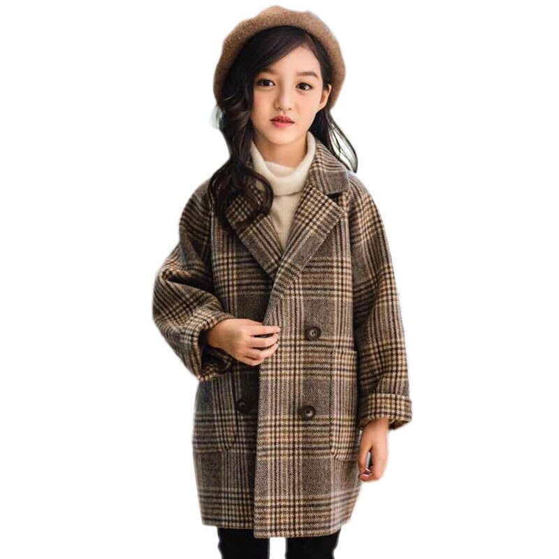 neue Herbst Winter freundlicher Mädchen Baumwolle Lange Jacken freundlicher Revers Plaid Wolle Mantel Teenager Mädchen lässig warm Wolle Outwear k18