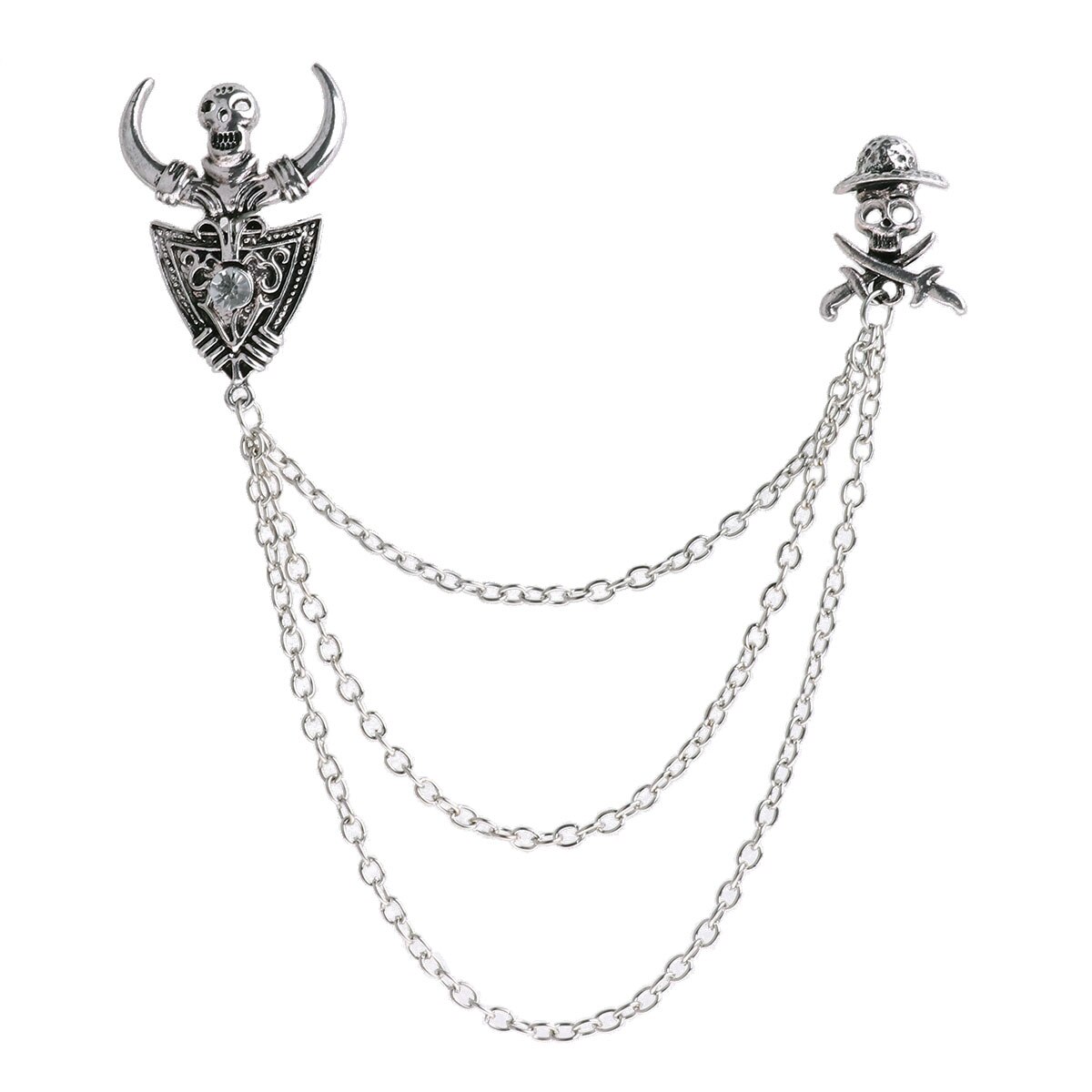 Unisex revers speld blouse vest overhemd kraag clips nek tip kwast ketting broche vintage gothic diy sieraden speld broches: Zilveren schedel