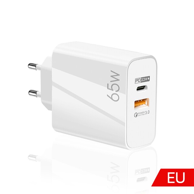 2 in 1 65W GaN Charger Quick Charge 4.0 3.0 Type C PD USB Charger with QC 4.0 3.0 Portable Fast Charger For iPhone 12 13 Samsung: EU white