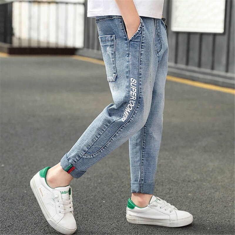 DIIMUU Spring Autumn Kids Boys Jeans Long Pants Young Casual Denim Trousers Elastic Waist Cowboy