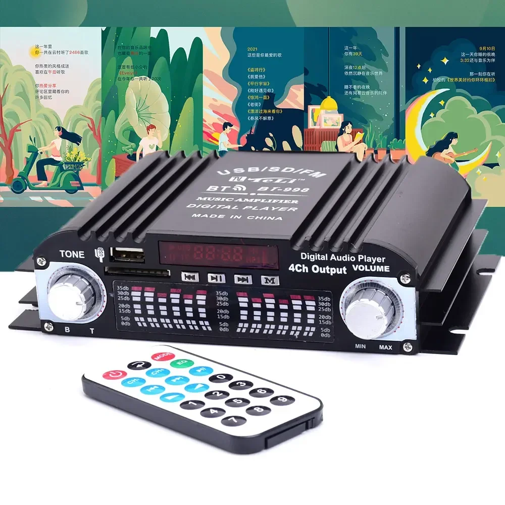 Power Amplifier 4-channel Audio Amplifier MP3 HIFI Bluetooth Amplifier Support USB SD RCA for Home Theatre System DC 12V3A UK AU