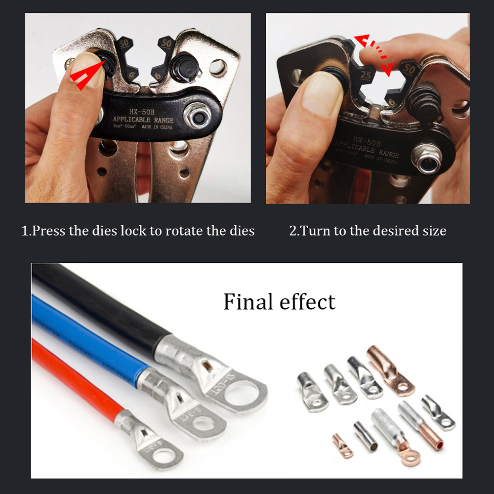 Pince à sertir pour cosse de câble, prise Y.O, 6-50mm ², Six tailles