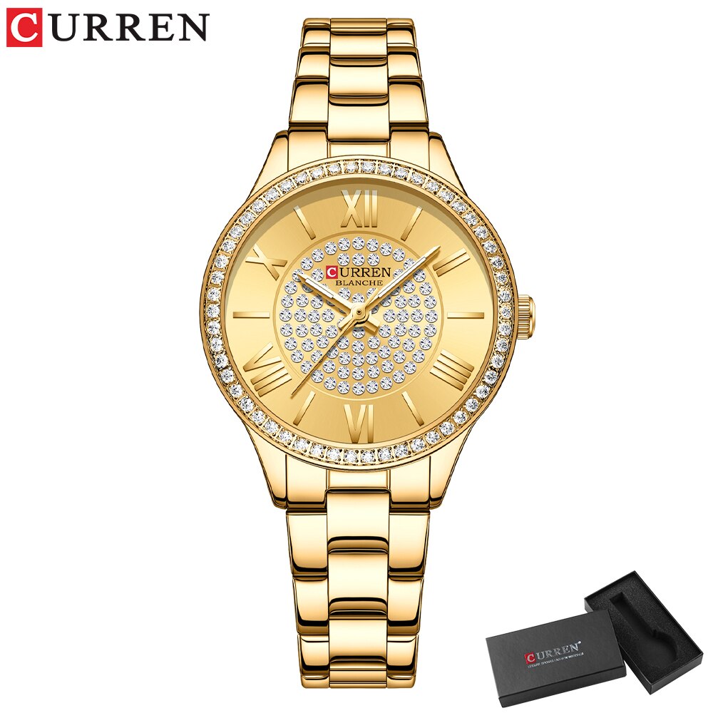 Curren Luxe Golden Dial Horloges Voor Vrouwen Met Rvs Band Mode Strass Dames Horloge Met Lichtgevende: gold box