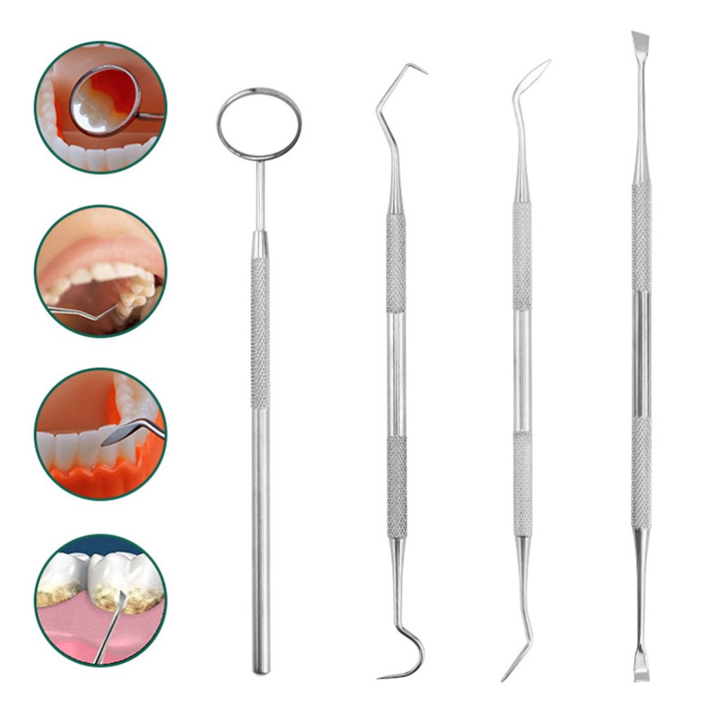 4 Stuks 1 Set Tanden Care Tool Mond Spiegel Probe Tanden Cleaning Kit Zilver