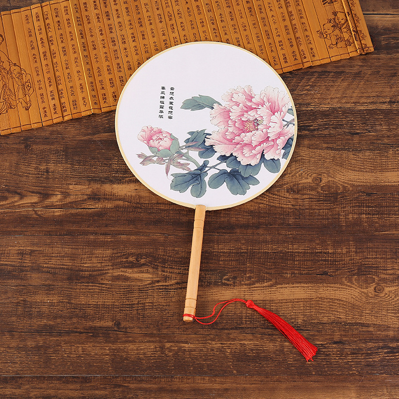 Vintage Round Fan Long Handle Tassel Dancing Hanfu Circular Fan Ancient Chinese Style Classical Printed Court Round Fan Wedding: 14
