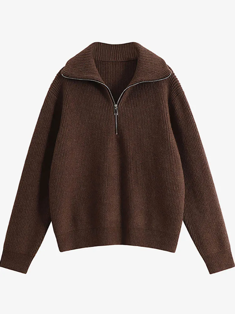 Frauen Rollkragen Reißverschlüsse Frauen zur Seite fahren Solide verlieren zur Seite fahren Langarm Beiläufige Gestrickte zur Seite fahren Frau Winter 2025: S / Dunkler Braun