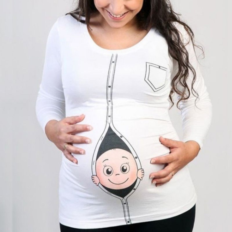 Maternity Pregnant Long Sleeve T Shirts Cartoon Baby Peeking Out Printed Clothes Maternity Funny Shirts