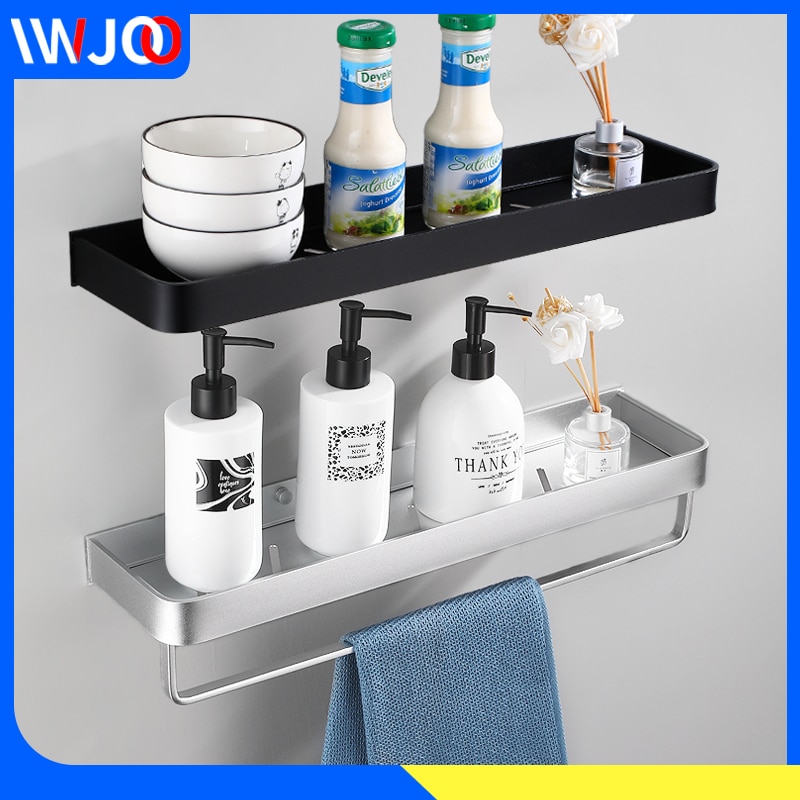 Badkamerplank, zwarte aluminium badkamerplanken, doucherek, zeephouder, shampoohouder, wandgemonteerd keukenrek, handdoekhouder