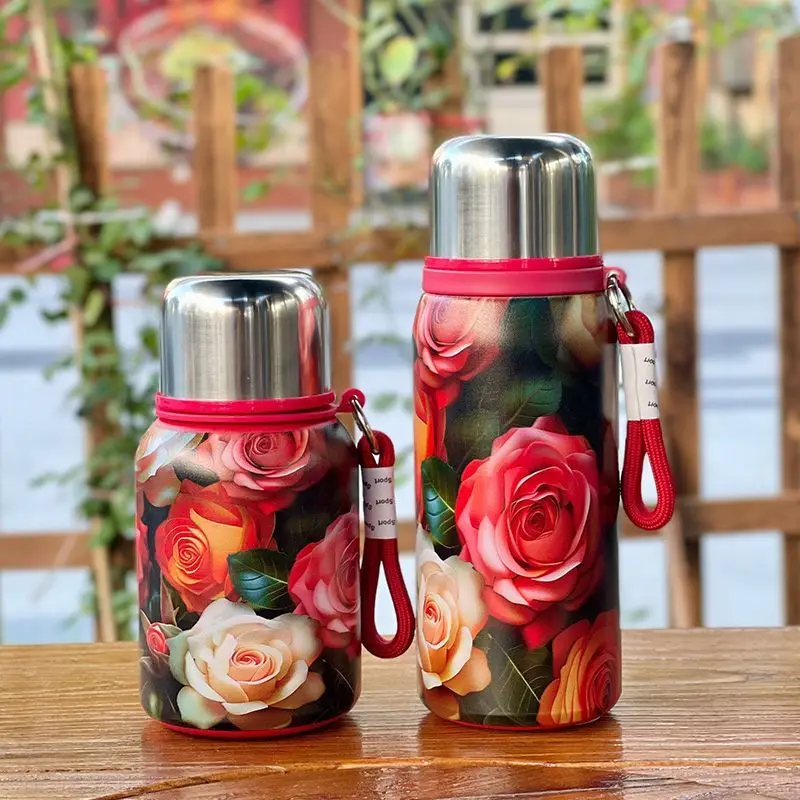 Retro and Bustling High-value Insulated Cup with Rose Pattern Double-layer Water Cup Car Portable Drawstring Stew Cup