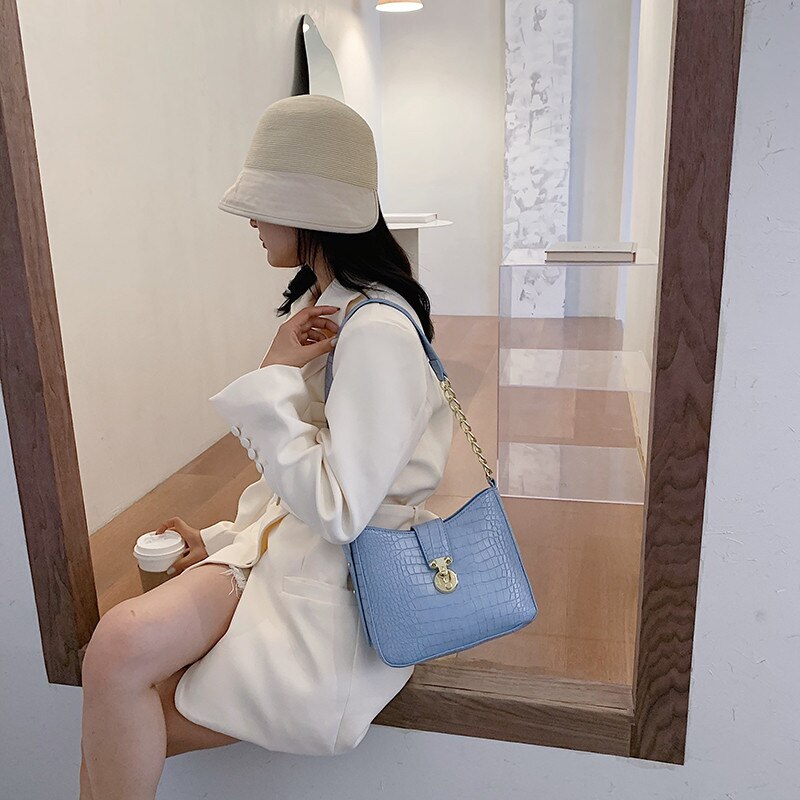 Alligator kvinder bucket taske klassisk blå famle skuldertasker sommer krokodille mønster dame crossbody messenger håndtaske